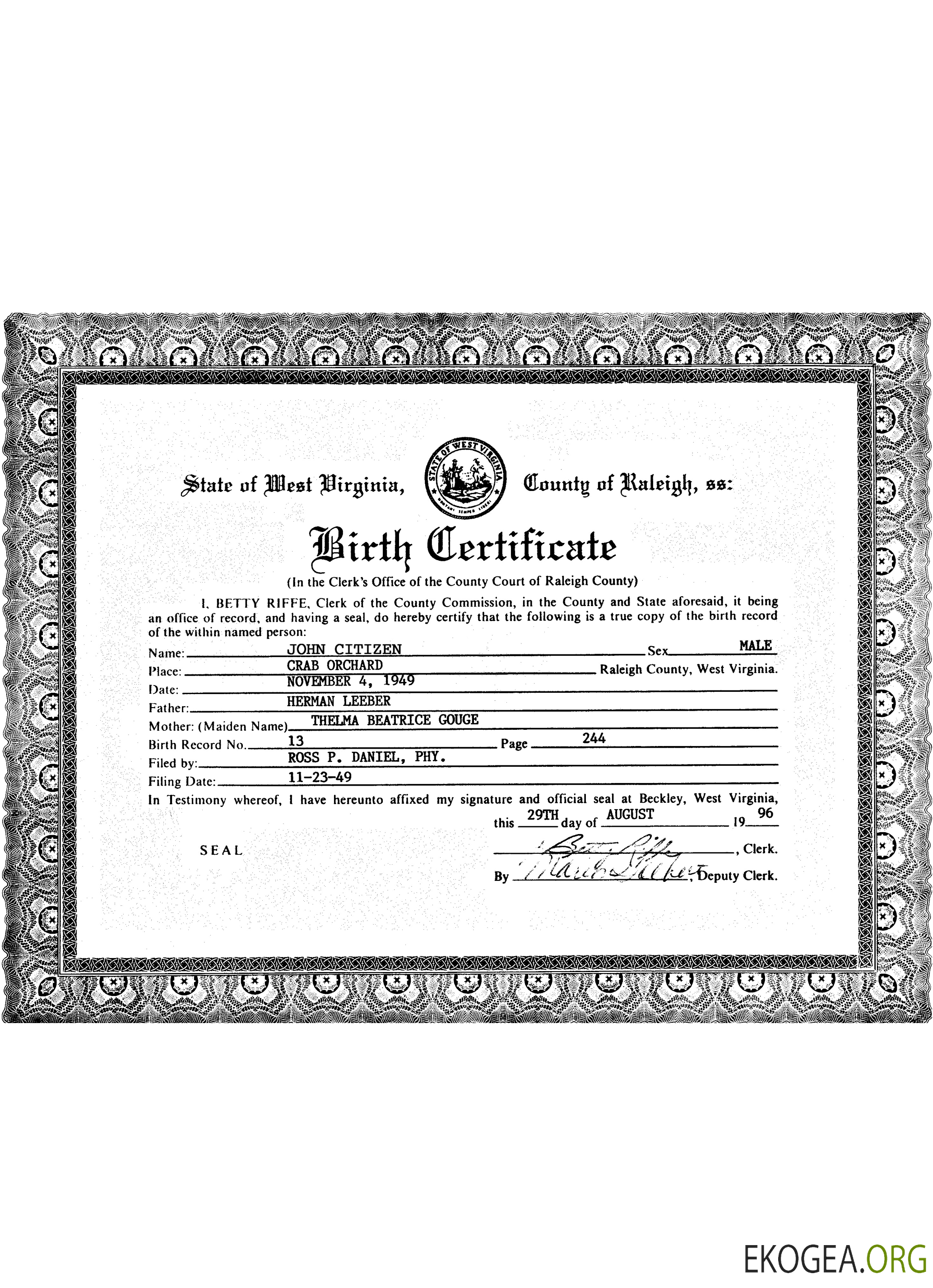 Acte de naissance aux États Unis, Virginie Occidentale